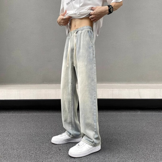 KIEXI牛仔裤男春夏季直筒宽松裤子男潮牌阔腿裤美式高街休闲长裤子 黄泥色 L 【105-125斤】