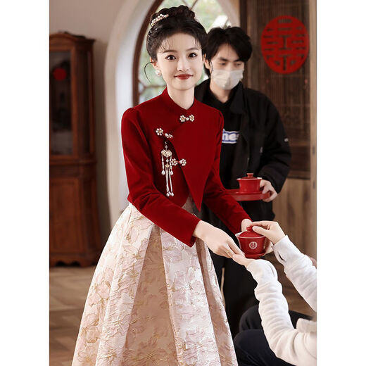 Ropa de compromiso de Yingwen para mujeres vestidos de noche para mujeres 2024 Nueva ropa de tostada de temperamento de alta gama para novia nueva boda china burdeos m largos