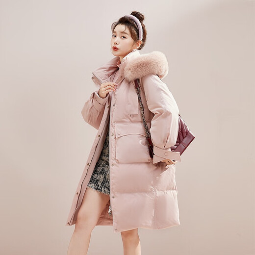 Snow Fly [Cheng Yi recommended] Fashionable fox fur collar cross ribbon warm big fur collar windproof women's down jacket Light velvet powder 1591 XS 155/80A