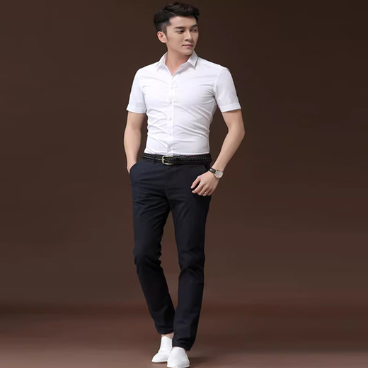 高绅风度短袖衬衫男士衬衣夏季商务修身职业正装白色免烫大码工装结婚伴郎 纯白色无口袋【到货快】 41 /2XL码
