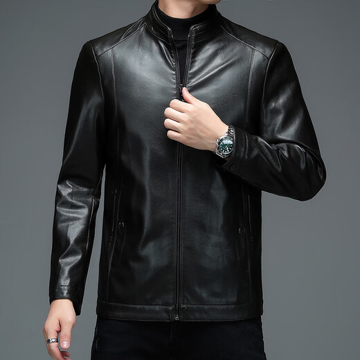 Goldlion official website flagship 2024 winter men's leather jacket middle-aged loose solid color stand-up collar leather jacket thickened warm casual b98-21770 black XXS m