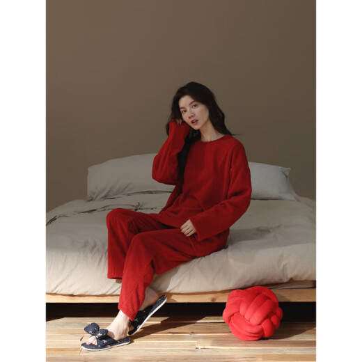 美家臣【加厚加绒】睡衣女款秋冬季珊瑚绒保暖红色简约条纹法兰绒家居服 女款-R7374 XL