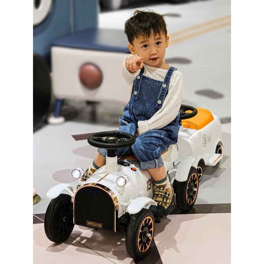 Jingga Kinderzug kann Elektroauto mit Allrad-Fernbedienungstherrich und Mädchen Doppel Baby Erwachsener Spielzeug Baby Kinderwagen 12V Dual-Wheel-Antrieb weiße Lokomotive + 2 Wagen + Musik Dual-Drive