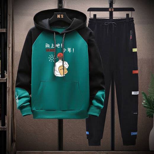 Wanlan Spring and Autumn 13 teenager sweatshirts 12-year-old boy junior high school students 14 sportswear set 15 big children men's clothing 836 Dark green (sweatshirt + trousers) two-piece set XL (110-125) Jin[Jin equals 0.5 kg]