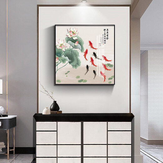 Xiaolulin Chinese style Jiuyu drawing decoration painting restaurant painting study office tea room hanging painting entrance entrance cabinet living room mural 15911 surplus year after year fabric painting 40*40 black frame (gold frame requires note