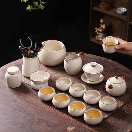 Lanyi Beige Ru Kiln Kung Fu Tea Set Ceramic Teapot Cover Bowl Tea Cup Light Luxury High-end Household Complete Gift Box Set 01 Ru Kiln Beige 10-head Teapot Set