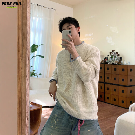 Foss Phil sweater men's autumn and winter American pullover sweater Henry collar lazy bottoming shirt men MZ0057 apricot L