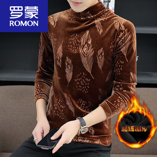 罗蒙（ROMON）加绒加厚半高领打底衫男士黑色金丝绒长袖t恤秋冬季内搭T 691黑色 2XL
