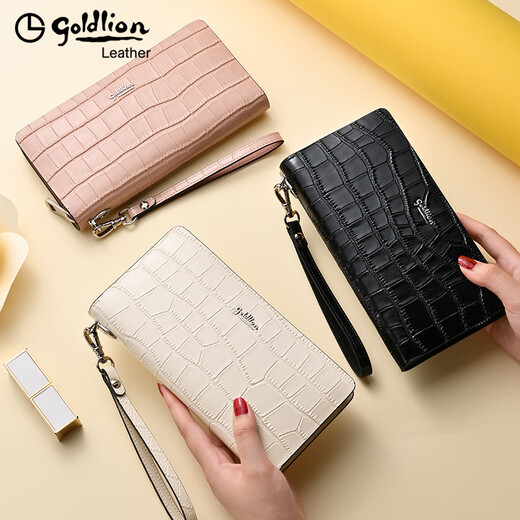 Goldlion Women's Wallet 2025 Summer New Crocodile Pattern Genuine Leather Clutch Multifunctional Large Capacity Fashion Fashion Women's Bag White
