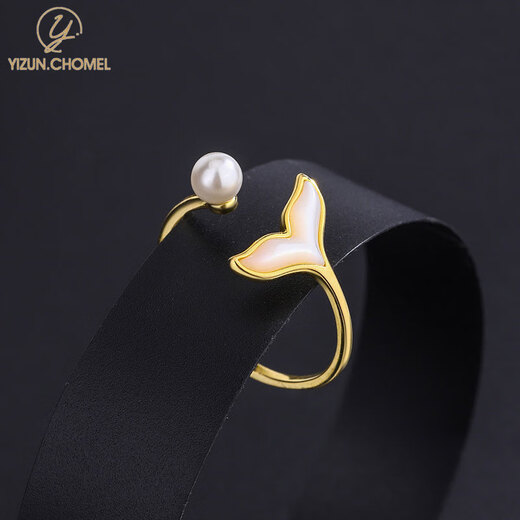 YIZUN. CHOMEL 999 pure silver mermaid tail ring for women ins sweet pearl index finger ring niche design shell ring gift 999 pure silver-fish tail ring-gold