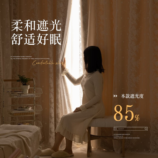 Jiafei (jiafei) Cloth+Pole French Curtain Blackout Lace Double Layer with Yarn Integrated No Punch Installation Girly Style Light Luxury Cloth Integrated - Milk Tea Color (Width 1.1-1.6m) (Height 1.5m 2 pieces including pole)