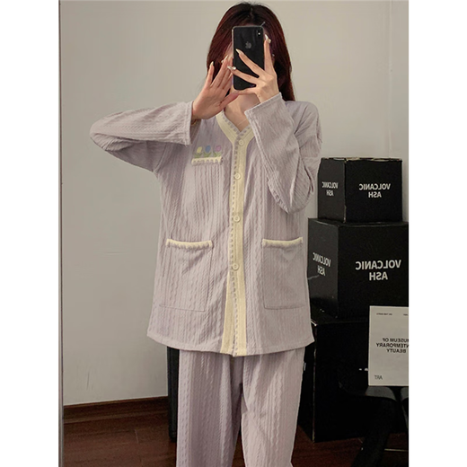 Dreaming Pajama de flores de Taro Purple para niñas Algodón puro con almohadillas de pechuga en primavera y otoño Nuevo pantalones de manga larga Juego de ropa en el hogar 9926#Tres flores-púrpura M