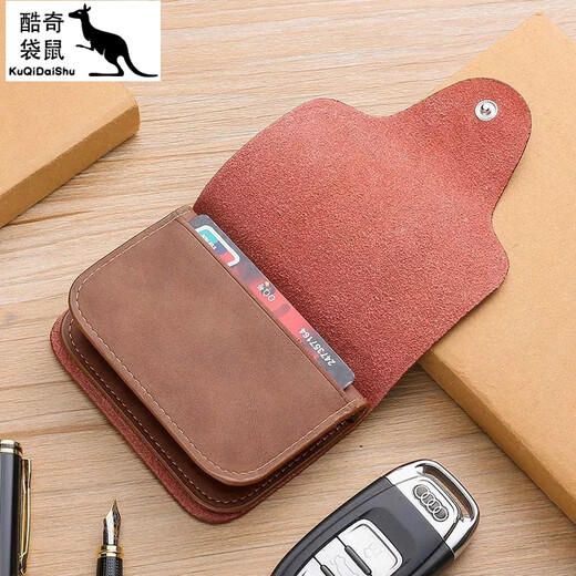 Kuqi Kangourou Sac à Clés Unisexe en Cuir Véritable Multi-Fonction Sac de Carte d'accès Style Coréen Mode Sac à Clés 2 Marron