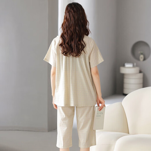 
Yunzhi pajamas for women in summer woven pure cotton cropped sleeves trousers middle-aged mother summer thin women's home clothing suit 5012-Genting yellow XL (170): Recommended 120-140Jin [Jin equals 0.5 kg] to wear