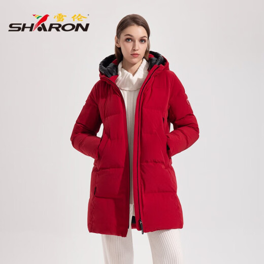 雪伦中长款羽绒服女简约百搭袖标秋冬外套 13567 玄青黑 2XL