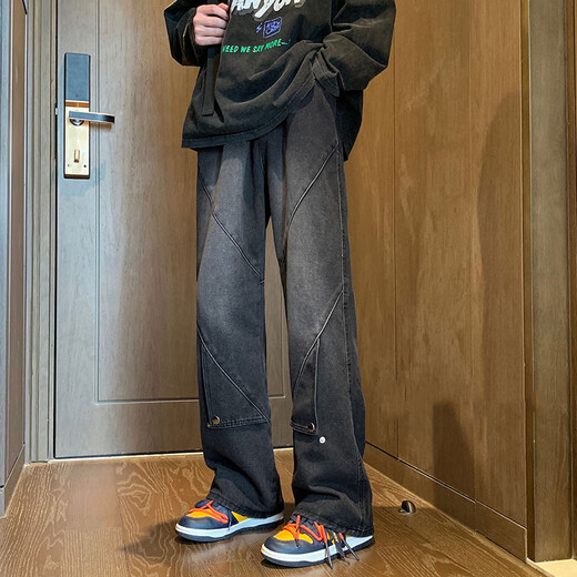 迪伽达直筒牛仔裤男士秋冬款美式复古休闲潮流青少年宽松工装微喇长裤子 CRB-1476浅蓝色 XL