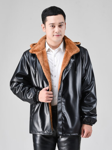 Shantou Lincun velvet thickened leather jacket and leather pants suit men's motorcycle windproof loose plus size winter leather and cotton coat driving jacket hooded velvet thickened leather jacket suit 2XL 2XL recommended 120-140Jin Jin equals 0.5 kg