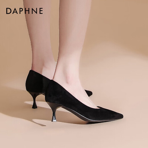 Daphne's Chinese Valentine's high-heeled suede-slim heels with one foot, professional pointed shoes, velvet black (5cm heels high) 37