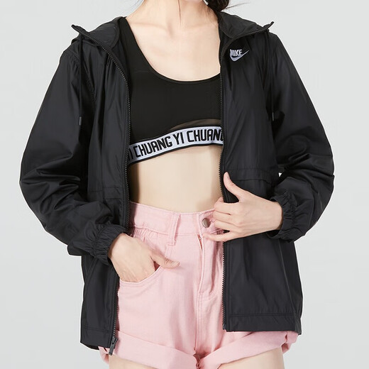 Nike (NIKE) jacket women's spring new breathable casual sun protection windbreaker wear-resistant loose woven hooded sportswear DM6180-010 black L