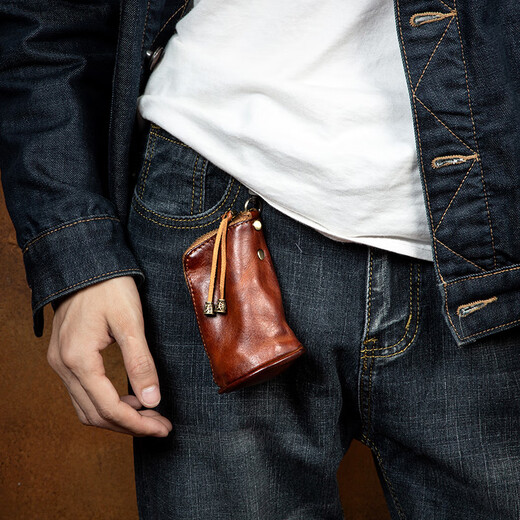 Slow time retro hand-rubbed genuine leather key bag for men and women, multifunctional first-layer cowhide key bag, waist hanging car lock bag, light brown