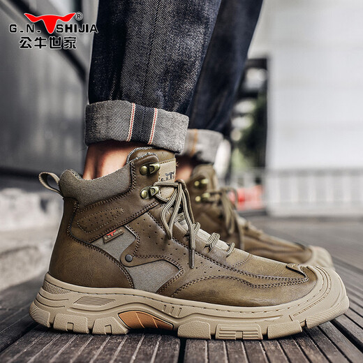 
Bull Family Men's Shoes Spring and Autumn New Handmade Outdoor Non-Slip Martin Boots Men's Casual High-top Leather Shoes Working Boots Men's Khaki [Four Seasons Single Shoes] GN124101279 41 (Sports Shoes Size)