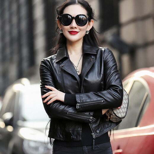 Bo Shilan Haining new spring and autumn genuine leather jacket for women motorcycle sheepskin slim short jacket large size P5197 black L 105-114Jin Jin is equal to 0.5 kg