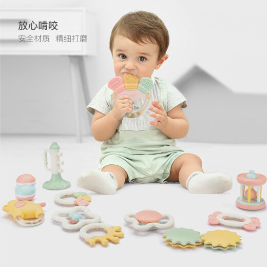 Bainshi baby toys 0-1 years old baby toys newborn hand rattle teether soothing toys can be boiled and sterilized 8-piece set B269 [with storage box]