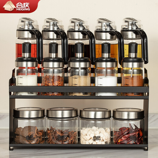 Heqing oil pot seasoning box combination set with oil bottle oil salt sauce vinegar seasoning jar seasoning utensils seasoning bottle sealed and moisture-proof Recommended 15-piece set 5 bottles + 5 oils + 4 cans + shelf