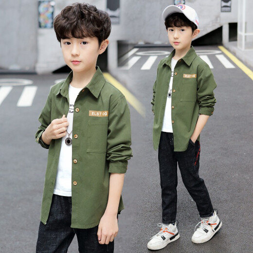 Boys' shirts, boys' jackets, mid-length, medium and large children's shirts, Korean style loose children's tops, spring new tiger head-yellow 160 (suitable for height 150cm-160cm)