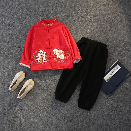 圆圆米米男童汉服宝宝中国风衣服儿童周岁礼服加绒唐装名族古装套装少爷服 WLCX753加绒红色 90