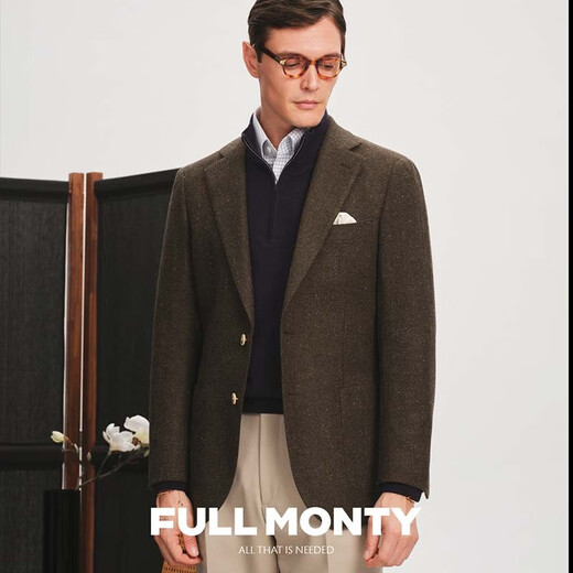 FULL MONTY羊毛西装外套男士绿色人字纹西服上衣休闲单西 绿色3375 44