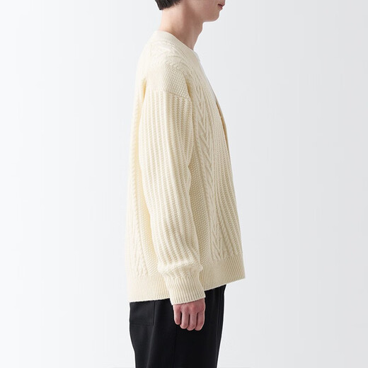无印良品 MUJI 男式 美利奴羊毛 缆绳花纹 V领开衫 长袖针织衫 AA0PKA3A 原色 L (175/100A)