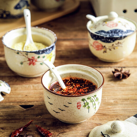 Kitchen seasoning box inside and outside the house, ceramic seasoning jar combination set, household salt shaker, seasoning storage box, sugar jar, oil and pepper jar, mixed color - three-piece set with tray and spoon