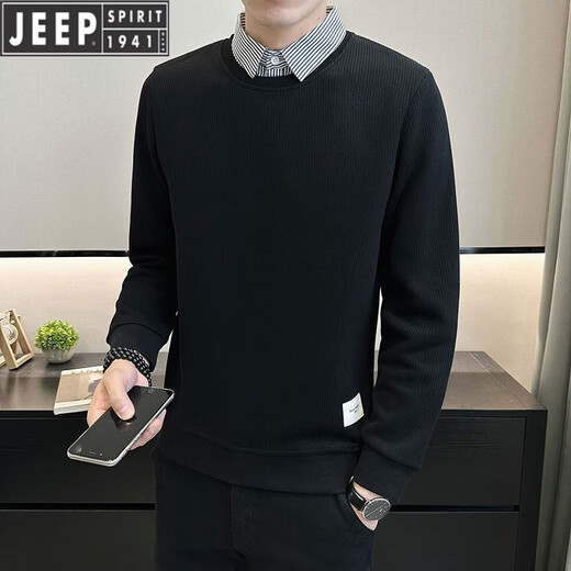 吉普（JEEP）衬衫领卫衣男2025新款秋季潮流修身假两件套头上衣打底针织T恤 友谊9893 白色 M 90到105斤