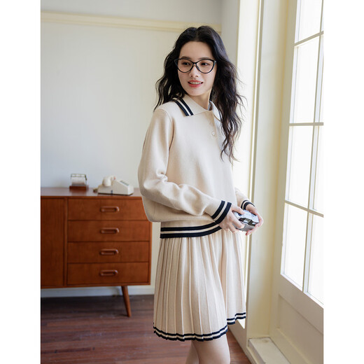 Demana campus retro style college style age-reducing short skirt two-piece lapel slim casual striped knitted suit for women