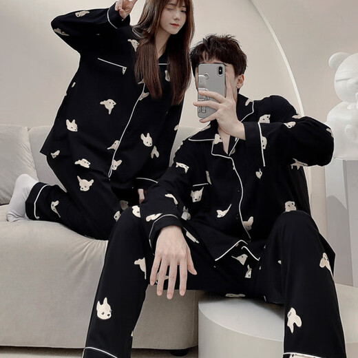 Bo Na Ling couple pajamas for one man and one woman, spring and summer cardigan, long-sleeved trousers, casual men's pajamas, women can wear outside home clothes set, puppy print pajamas, men's XL