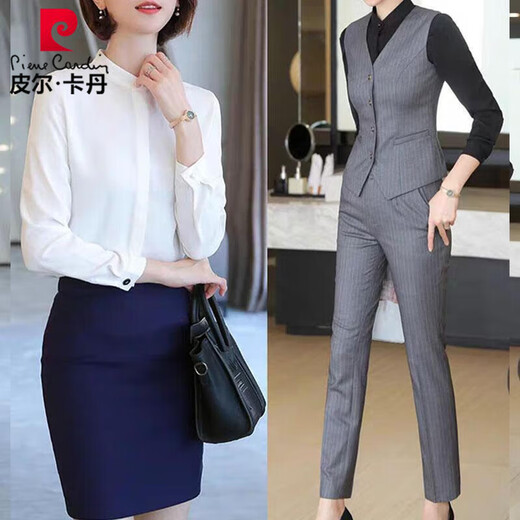 Pierre Cardin suit formal workwear suit for women autumn and winter high-end suit CEO professional slimming street temperament goddess style blue jacket + pants + vest L