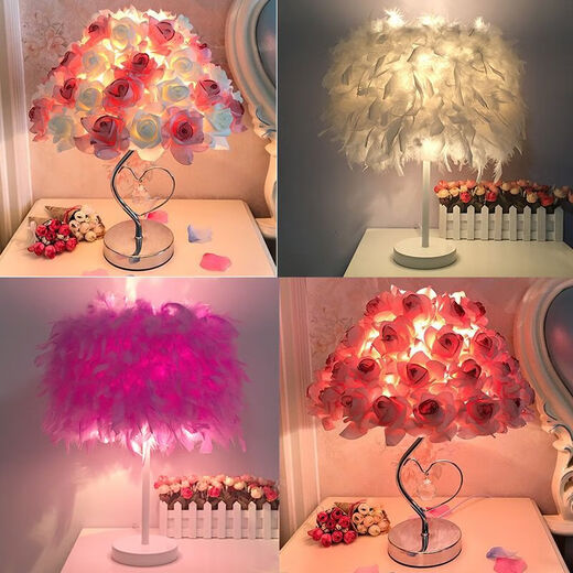 曜添创意简约欧式羽毛台灯卧室床头公主婚房温馨LED生日礼物玫瑰台灯 中号白杆桃红色羽毛 调光开关
