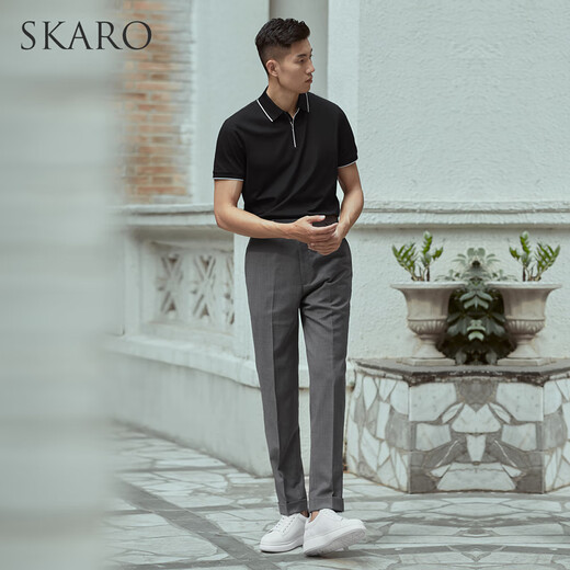 SKARO【含桑蚕丝 可机洗】商务POLO衫男士翻领休闲短袖T恤夏 黑色SKP671 L （=衬衫41码）