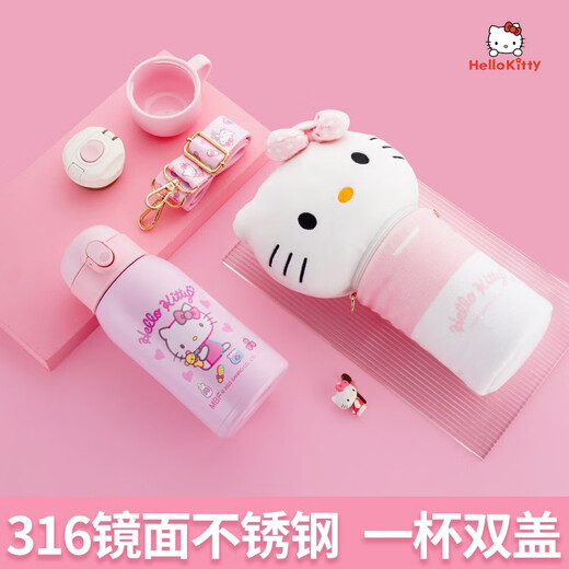 HELLO KITTY 凯蒂猫儿童卡通保温杯316镜面不锈钢带吸管保温水杯女童小学生保温杯 KT-1381【粉色600ML】