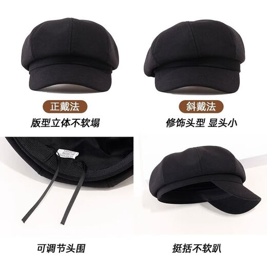 Spring Night Snow Small Head Circumference Retro Hat Women's Autumn and Winter Internet Celebrity Style British Woolen Woolen Octagonal Hat Versatile Black