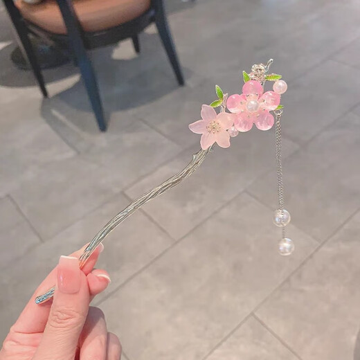 Su Shiliu's elegant pink peach blossom tassel ancient style hairpin modern updo hairpin high-end hairpin women's cheongsam Hanfu hairpin elegant pink peach blossom hairpin