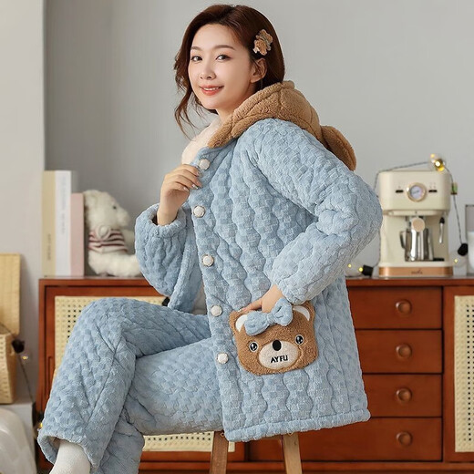 Modal pajamas for women in winter thickened and plush three-layer cotton coral velvet keep warm and hooded new home clothing set 6630 red 2XL 140-160Jin [Jin equals 0.5 kg]