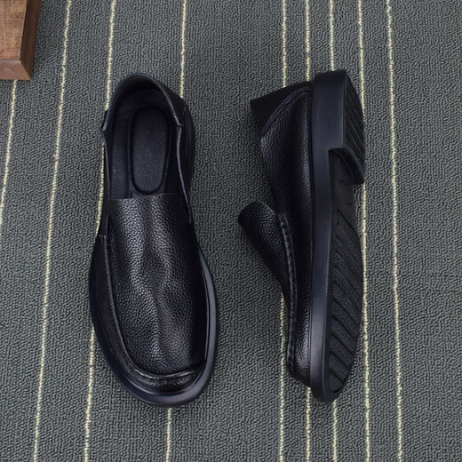 Men's Shoes Men's Business Casual Leather Shoes Soft Sole Soft Leather Breathable Single Layer Shoes Lazy Slip-On Bean Shoes Loafers Black 42 (260mm)