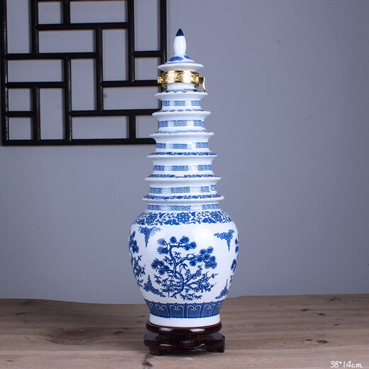 Xindeheng Jingdezhen Ceramics 5 Jin Jin equals 0.5 kg, blue and white porcelain sealed long neck flat lid wine bottle, cool bottle wine jar, double dragons playing with beads 3 Jin Jin equals 0.5 kg, blue and white porcelain tower (with base lock)