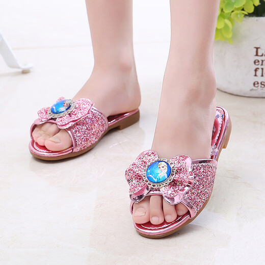 Girls' slippers summer Elsa crystal little girl's indoor fashionable outdoor wear soft-soled Elsa Princess children's slippers T-81 pink (two sizes too small) 26 yards/inner length 16.2cm