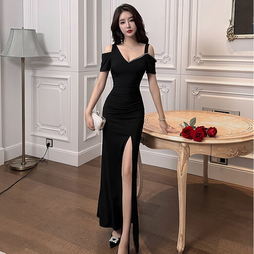 
Kunlinyi Nightclub Beautiful evening dress Sexy temperament Off-shoulder slim dress Foot bath technician work clothes Sauna long skirt 3883 Black S