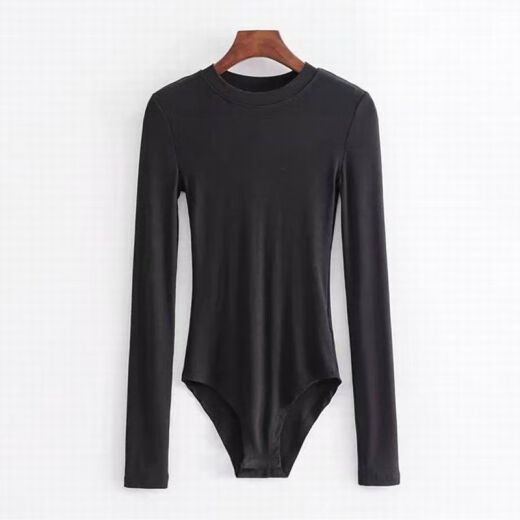 Spring new caiwenkelun high-quality European and American basic round neck long-sleeved crotch concealed buttoned one-piece top for women with solid color elastic and black M