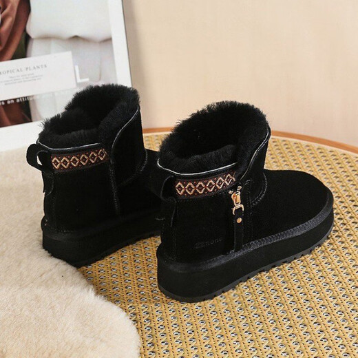 Belle's wool snow boots women's fur integrated 2024 new thick-soled side zipper short boots plus velvet thickened anti-slip cotton shoes gray 37