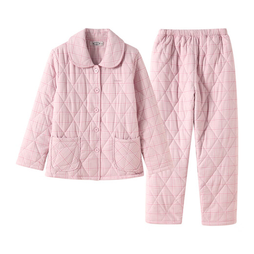 American Standard's new couple's three-layer quilted thermal pajamas for women winter all-cotton quilted padded clothes plaid can be worn outside home clothes for men Taro powder XL